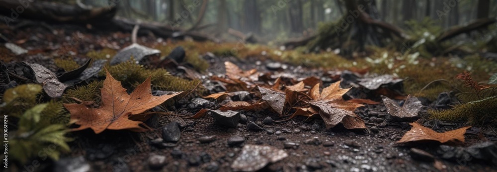 Rusty metallic fragments scattered on a dark, damp forest floor, decay, forest floor, nighttime Rusty metallic fragments scattered on a dark, damp forest floor, decay, forest floor, nighttime