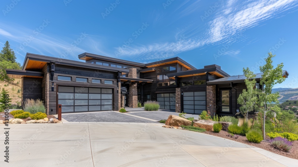 Modern luxury home with large windows and landscaped yard, set against a clear blue sky and mountain backdrop Modern luxury home with large windows and landscaped yard, set against a clear blue sky and mountain backdrop