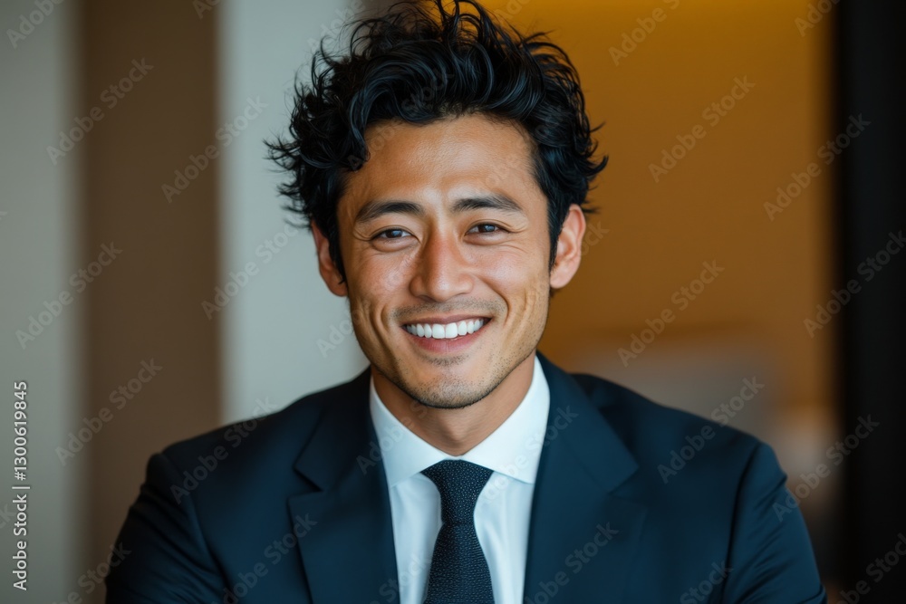 Smiling man in formal attire poses confidently in a well-lit indoor setting during a business networking event Smiling man in formal attire poses confidently in a well-lit indoor setting during a business networking event
