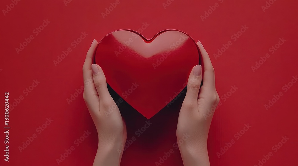 Fototapeta premium Red heart held in hands, red background, Valentine's Day