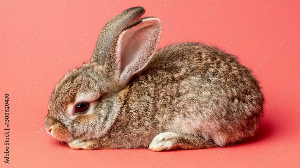 Naklejka premium Adorable grey bunny resting on a coral background.