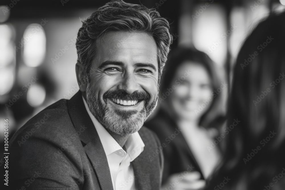 Smiling man in a suit enjoys conversation with friends in a cozy cafe during afternoon Smiling man in a suit enjoys conversation with friends in a cozy cafe during afternoon