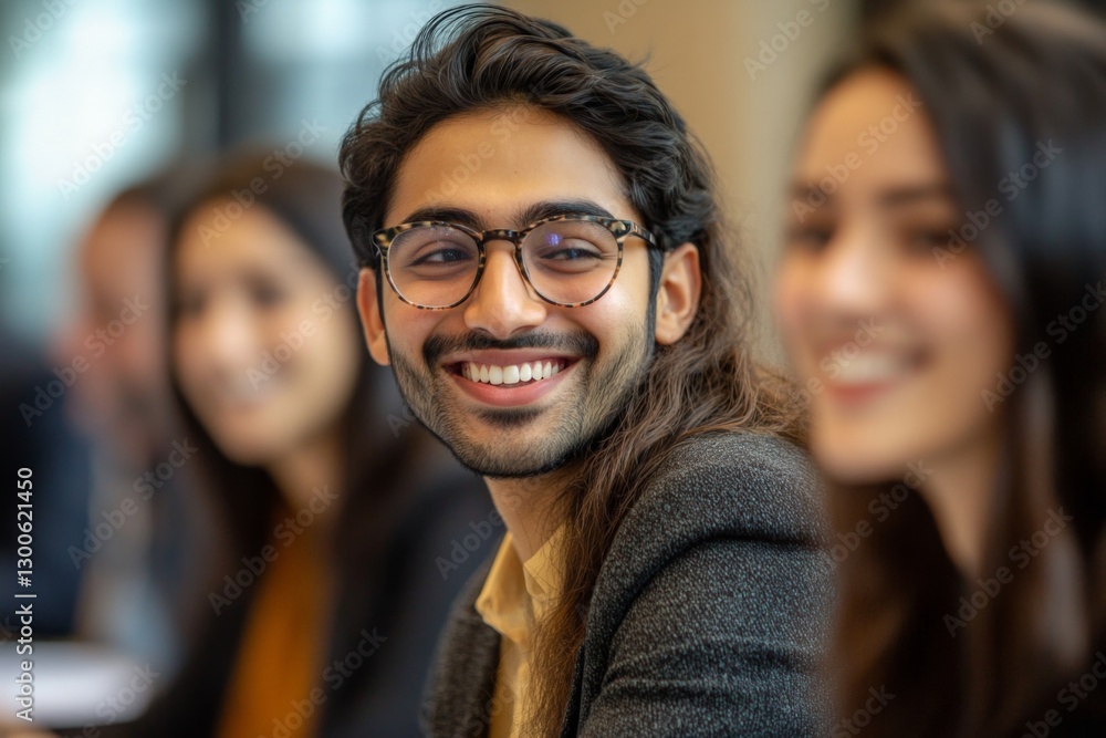 Smiling young man engages in lively discussion with friends in a modern office setting during daytime Smiling young man engages in lively discussion with friends in a modern office setting during daytime