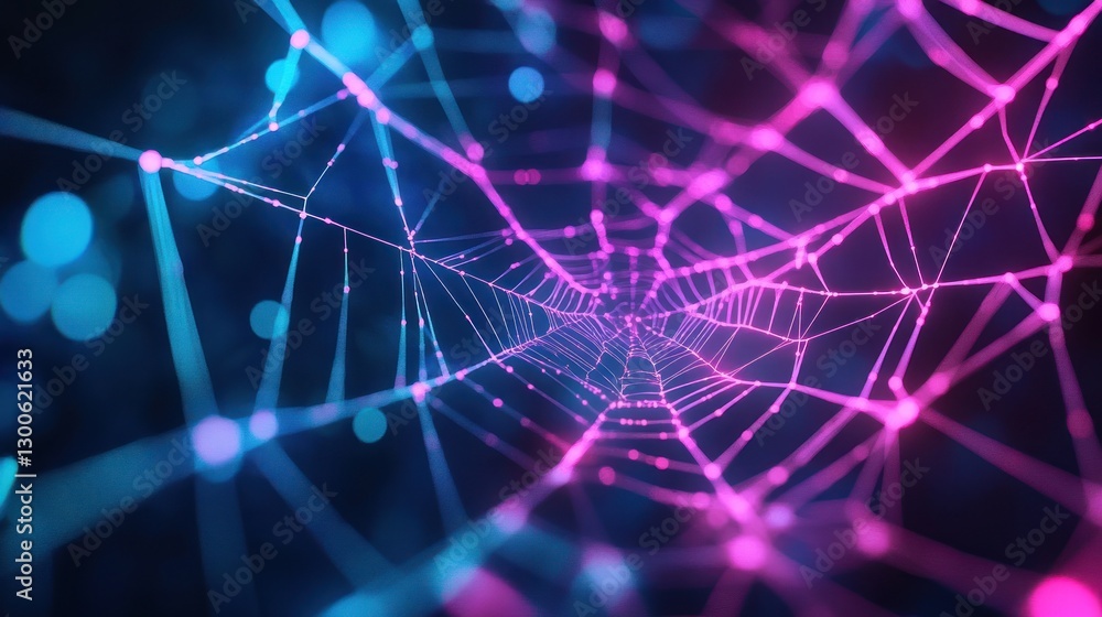 Obraz premium Neon illuminated web structure with an interconnected digital aesthetic