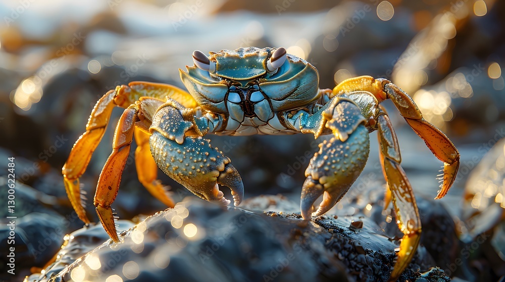 Close-up of a vibrant crab perched on rocky shore during sunset, with shimmering water in background Close-up of a vibrant crab perched on rocky shore during sunset, with shimmering water in background