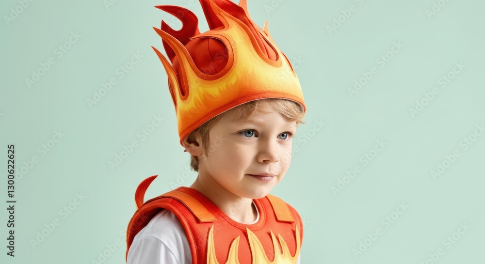 Caucasian young male child in fiery flame costume with orange flame crown Caucasian young male child in fiery flame costume with orange flame crown