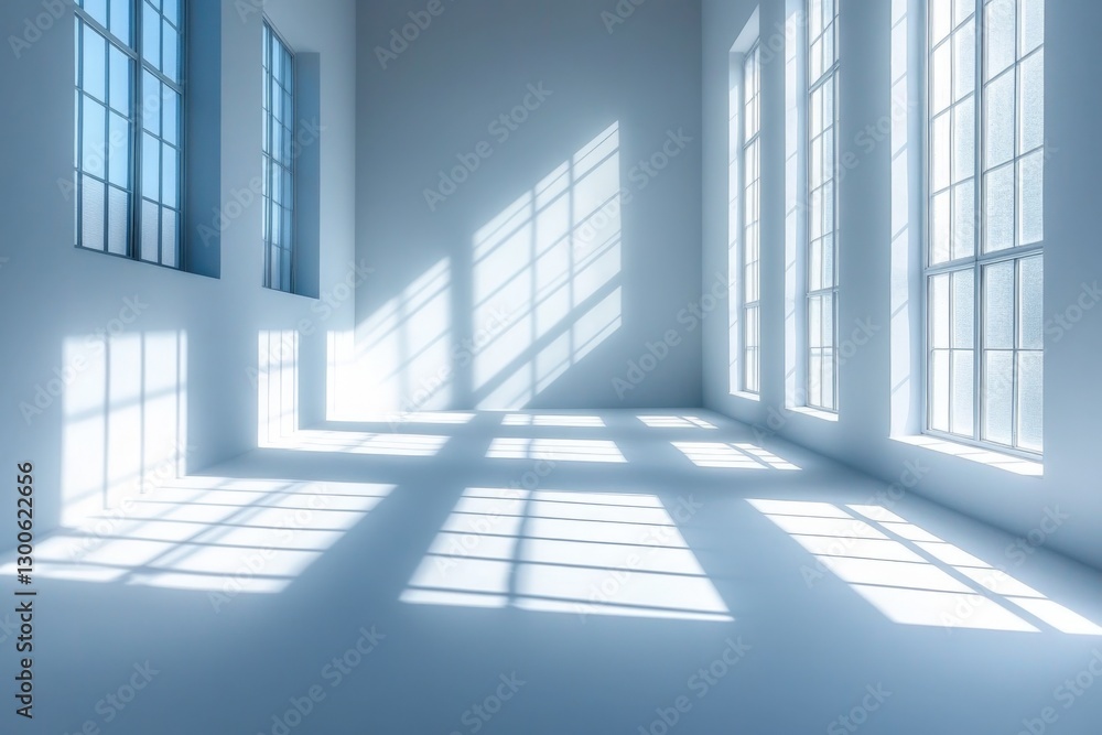 Obraz premium Bright sunlight streams through large windows, creating striking shadows on a minimalist interior space