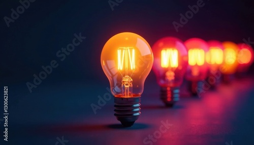 Glowing light bulb in a row of identical bulbs , glow, light