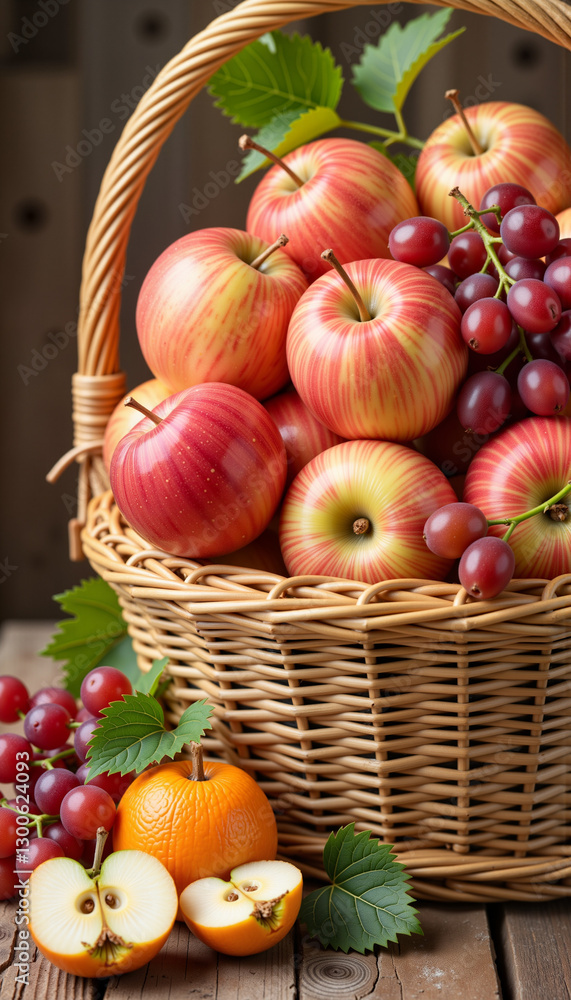 Mid-Autumn Festival wicker basket filled with fruits, representing abundance and harvest, ideal for blogs, websites, greeting cards, and educational content Mid-Autumn Festival wicker basket filled with fruits, representing abundance and harvest, ideal for blogs, websites, greeting cards, and educational content