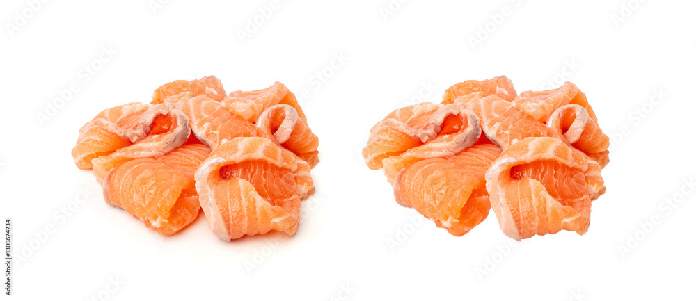 Fototapeta premium Fresh Salmon Fillet Slice Isolated, Raw Norwegian Red Fish, Trout Meat Piece on White