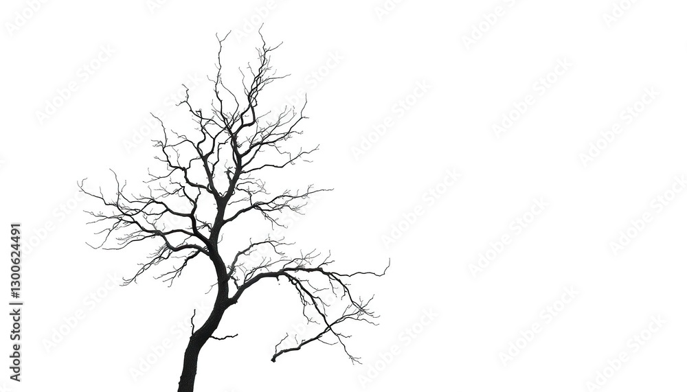 Lone tree, stark branches against pure white backdrop, ecology, botany Lone tree, stark branches against pure white backdrop, ecology, botany