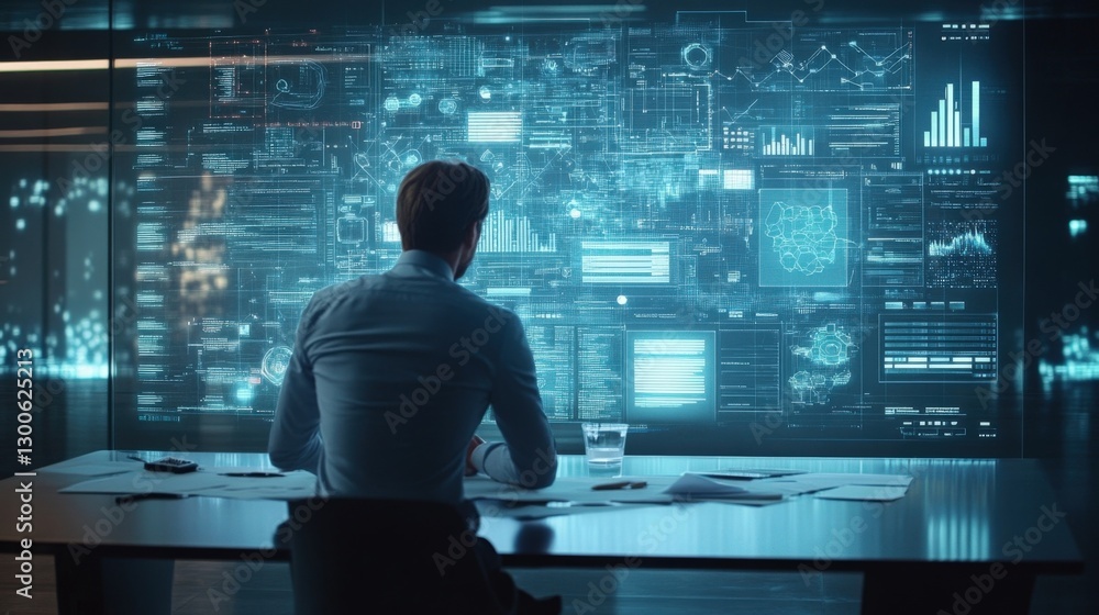 Fototapeta premium Engrossed in thought the entrepreneur leans slightly closer to the large digital board analyzing a complex flowchart that outlines multiple digital marketing avenues while notes and