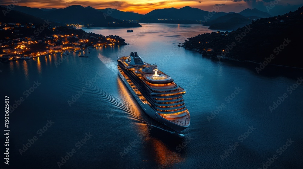 Luxury cruise ship sailing serenely into sunset along the Adriatic coast Luxury cruise ship sailing serenely into sunset along the Adriatic coast