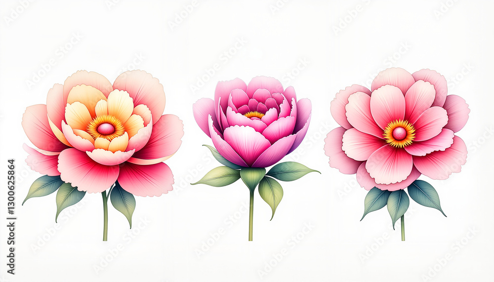 Fototapeta premium Lush peony flowers arranged artistically, soft petals in pastel colors on a white background, ideal for blogs, stationery, and educational materials on nature and floral design