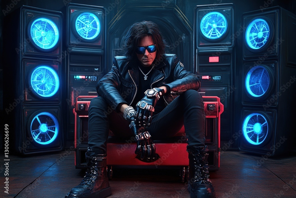 Naklejka premium Futuristic Man with Cybernetic Arm in Stylish Leather Outfit Surrounded by Neon Technology