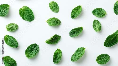 Fresh spearmint leaves pattern on white background, vibrant green herbs