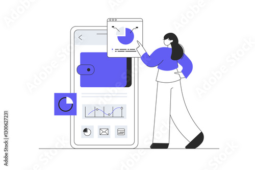Digital business concept. Woman analyzing company data, earning money and work in mobile app. Flat Cartoon Vector Illustration, icon. Stylish abstract Flat design for website