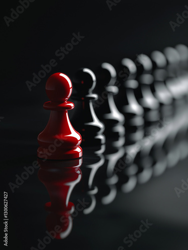 Reihe schwarzer Schachbauern mit herausstechendem rotem Bauern auf dunkler Oberfläche. Das Konzeptbild symbolisiert Individualität, Anderssein und Leadership durch den Farbkontrast des roten Elements