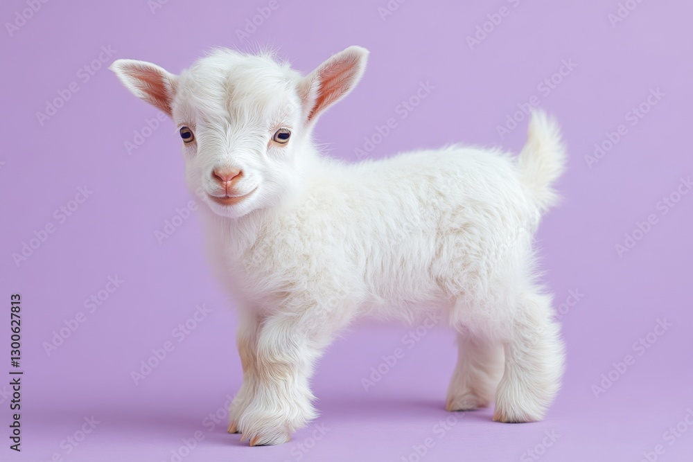 Cute white goatling stands playfully on a pastel purple background, showcasing its fluffy fur and charming expression