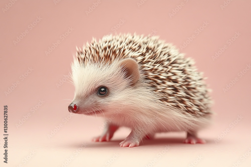 Cute hedgehog exploring a soft pink background in a playful pose during indoor leisure time Cute hedgehog exploring a soft pink background in a playful pose during indoor leisure time