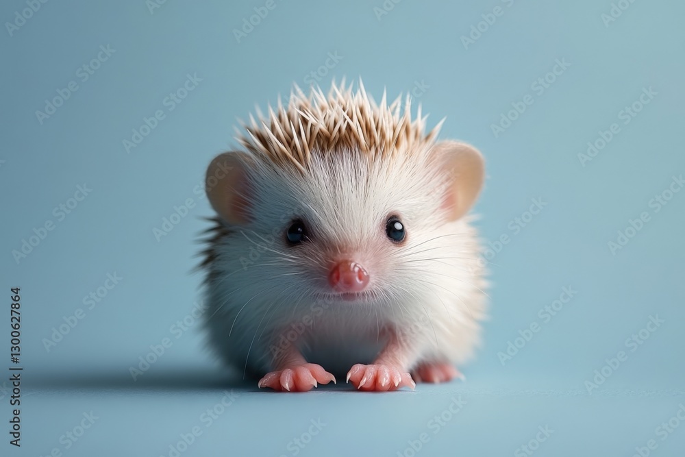 Cute hedgehog with soft fur and tiny paws on a light blue background listening to surroundings Cute hedgehog with soft fur and tiny paws on a light blue background listening to surroundings