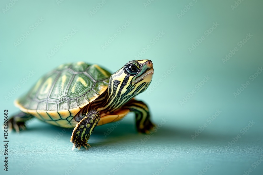 Obraz premium Brightly colored turtle exploring on a teal surface in a calm indoor setting