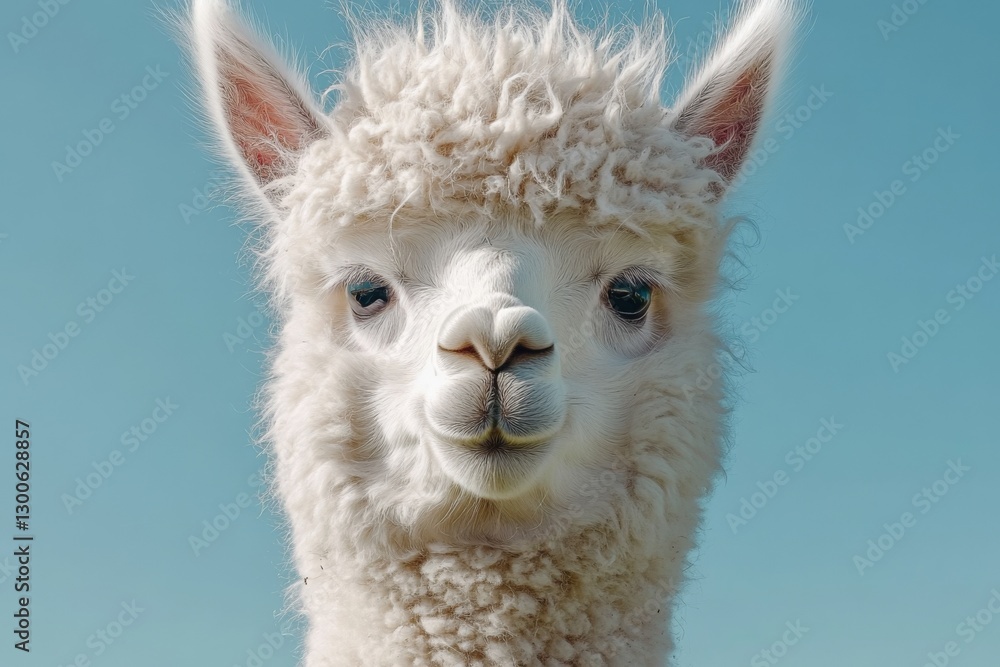 Obraz premium White fluffy llama with a friendly expression under a clear blue sky in a serene outdoor setting