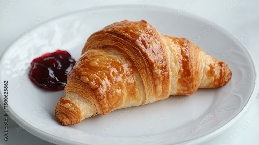 Buttery croissant with a side of fruit preserves on a plate. Buttery croissant with a side of fruit preserves on a plate.