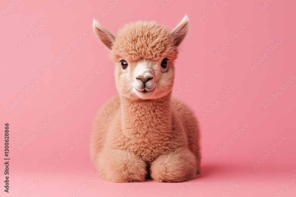 Cute baby llama with fluffy fur relaxing against a pink background in a cozy studio setting