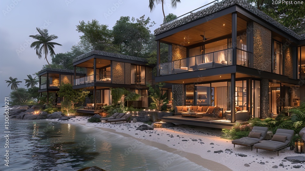 Naklejka premium A beachside villa with open balconies facing the ocean. HD 8K wallpaper Photographic Image