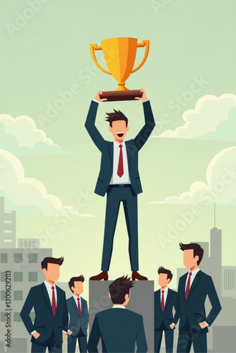 Successful businessman holding trophy while standing on employees, illustrating competitive business ethics and unfair advantage in the workplace