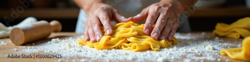 Wooden board with flour dust, hands kneading pasta dough gently , , wood