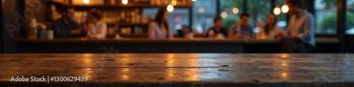 Wooden surface in dimly lit cafe, cafe table, blurred light