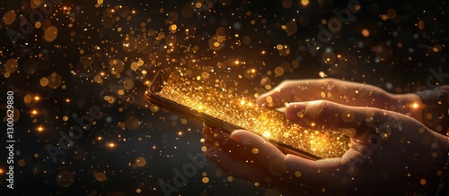 Close-up of hands holding a smartphone with glowing golden sparkles.