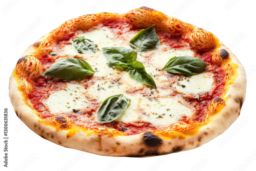 A top-down view of a freshly baked pizza with mozzarella cheese tomato sauce and basil leaves on a transparent background A top-down view of a freshly baked pizza with mozzarella cheese tomato sauce and basil leaves on a transparent background