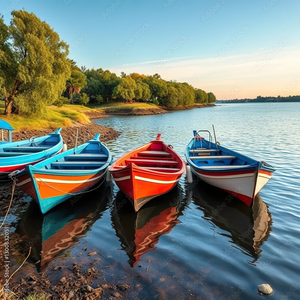 Obraz premium Boats moored near the shore with trees and grass, boats, trees, water