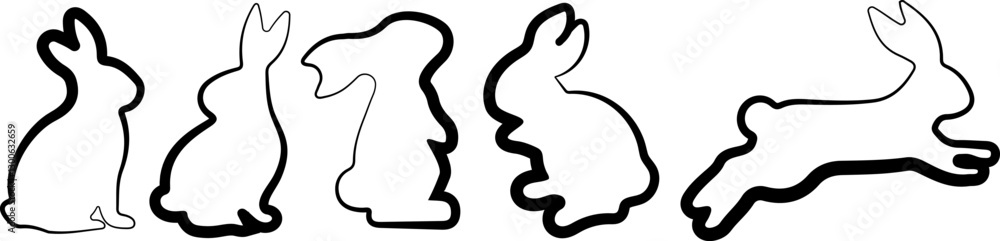 set of rabbits in various poses drawn in black outline in line art style, for logos and holiday designs set of rabbits in various poses drawn in black outline in line art style, for logos and holiday designs