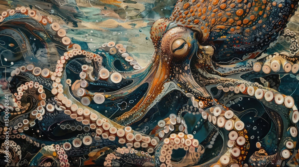 Obraz premium An intricate underwater scene featuring a vibrant octopus gracefully swimming among colorful corals and sea life