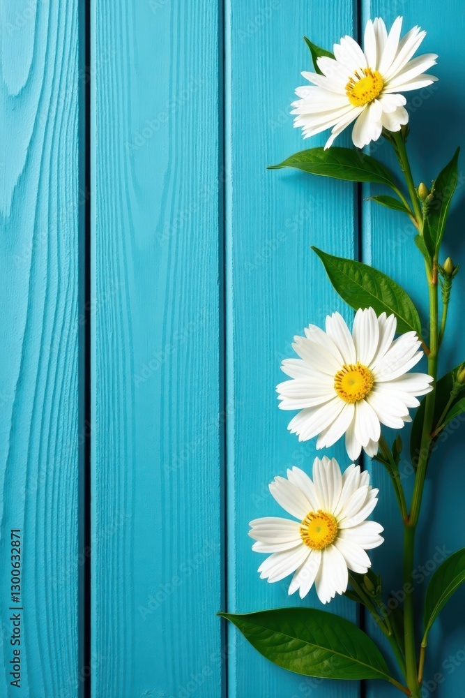 Fototapeta premium Soft almond flowers against a vibrant blue painted wood backdrop, blue painted wood, spring bloom