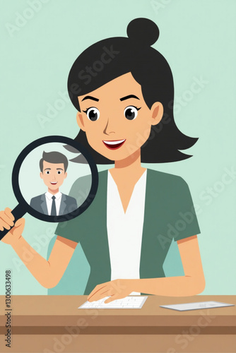 Woman Using Magnifying Glass to Select Best Job Candidate for Recruitment