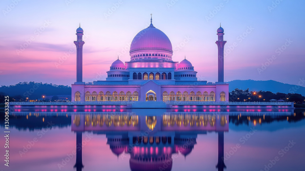 Fototapeta premium Majestic Sunrise over Putra Mosque in Putrajaya, Malaysia, Pink Dome and Minaret Reflected in Calm Putrajaya Lake, Illuminated by the Soft Glow of Morning Light for a Tranquil View