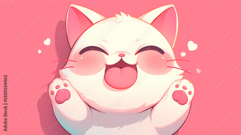 Cute cartoon cat with a joyful expression on a pink background, surrounded by floating hearts Cute cartoon cat with a joyful expression on a pink background, surrounded by floating hearts