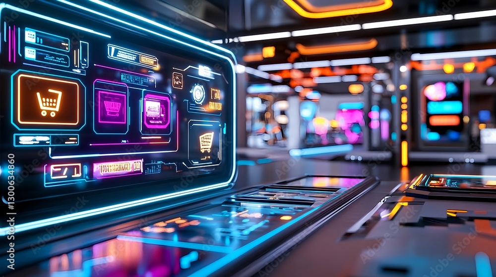 Naklejka premium Futuristic E-commerce Interface Neon Lights - Futuristic Technology