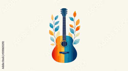 Colorful acoustic guitar with artistic leaf design.