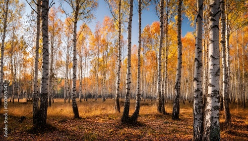 Birch tree coppice in autumn, white birch trees in autumn