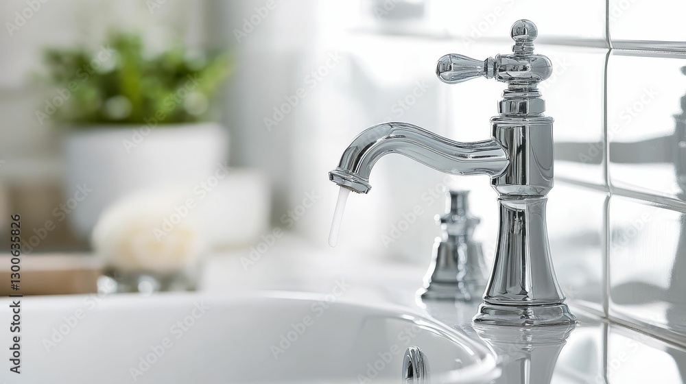 Chrome faucet dispensing water in a bright bathroom setting. Chrome faucet dispensing water in a bright bathroom setting.