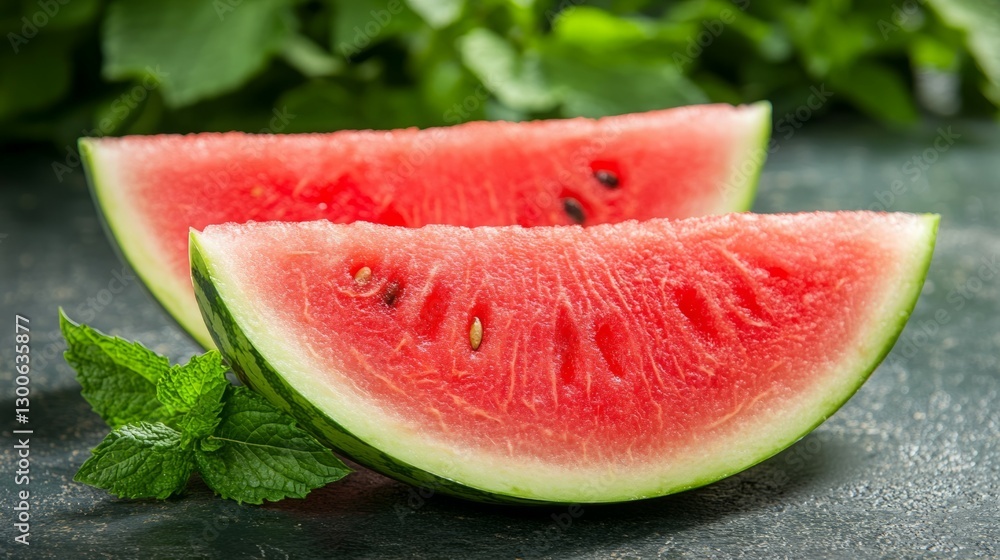 Two juicy watermelon slices on a dark background with fresh mint. Two juicy watermelon slices on a dark background with fresh mint.