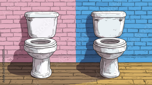 Hand-drawn toilets against pink and blue brick walls.