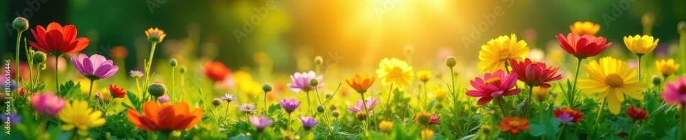 Obraz premium Sunlit profusion of wildflowers, diverse colors, lush green backdrop , idyllic, rural