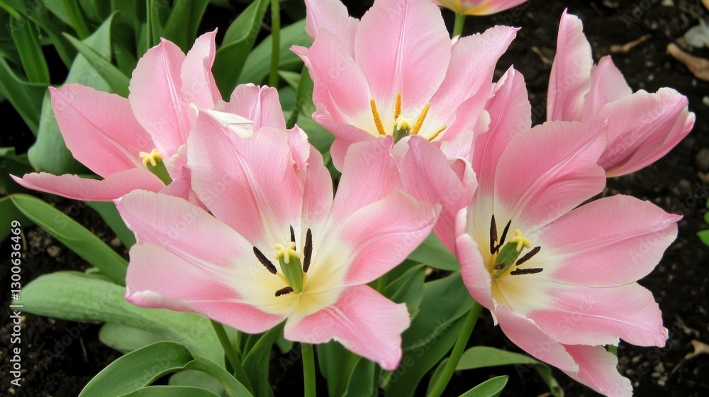 Beautiful pink tulips blooming in a garden, showcasing vibrant colors and delicate petals that evoke feelings of spring and renewal Beautiful pink tulips blooming in a garden, showcasing vibrant colors and delicate petals that evoke feelings of spring and renewal